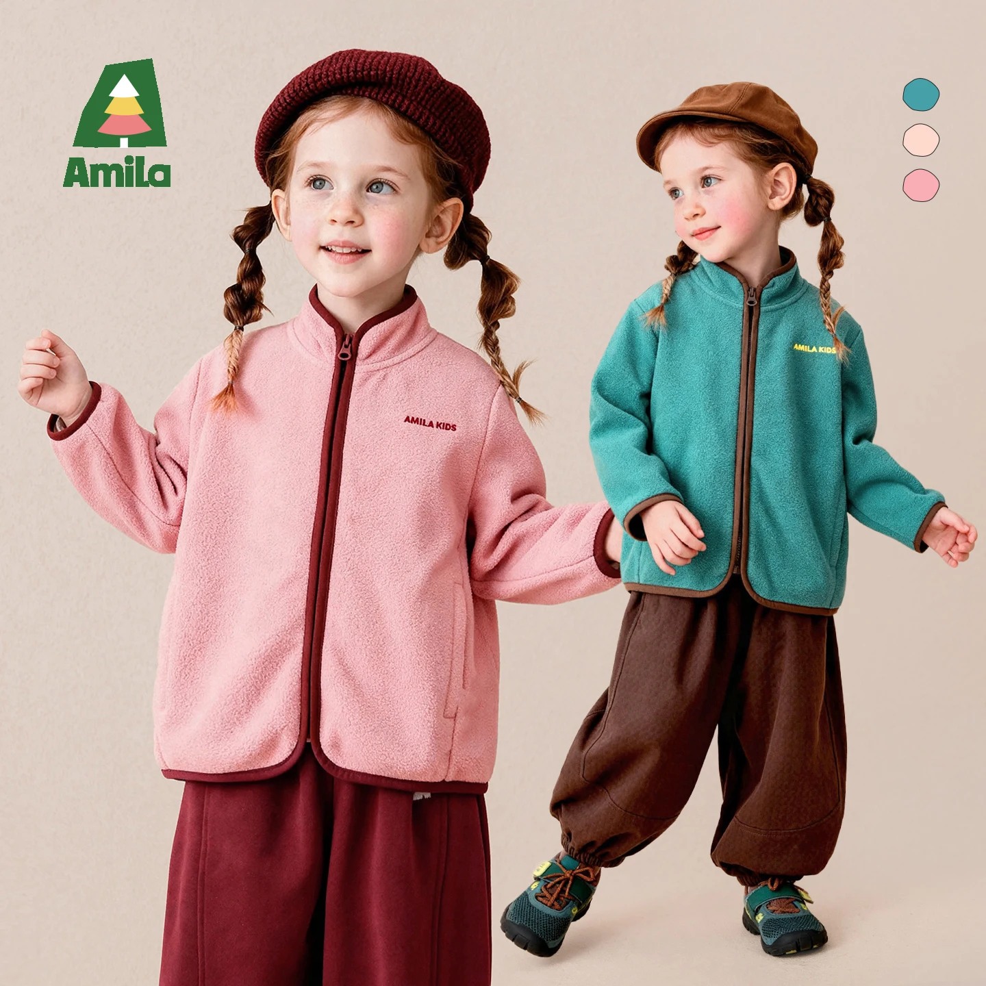 Amila 2026 Autumn New Kids Stand Collar Sweatshirt Vintage Patch Embroidery Color Block Cute Playful Daily Versatile Top