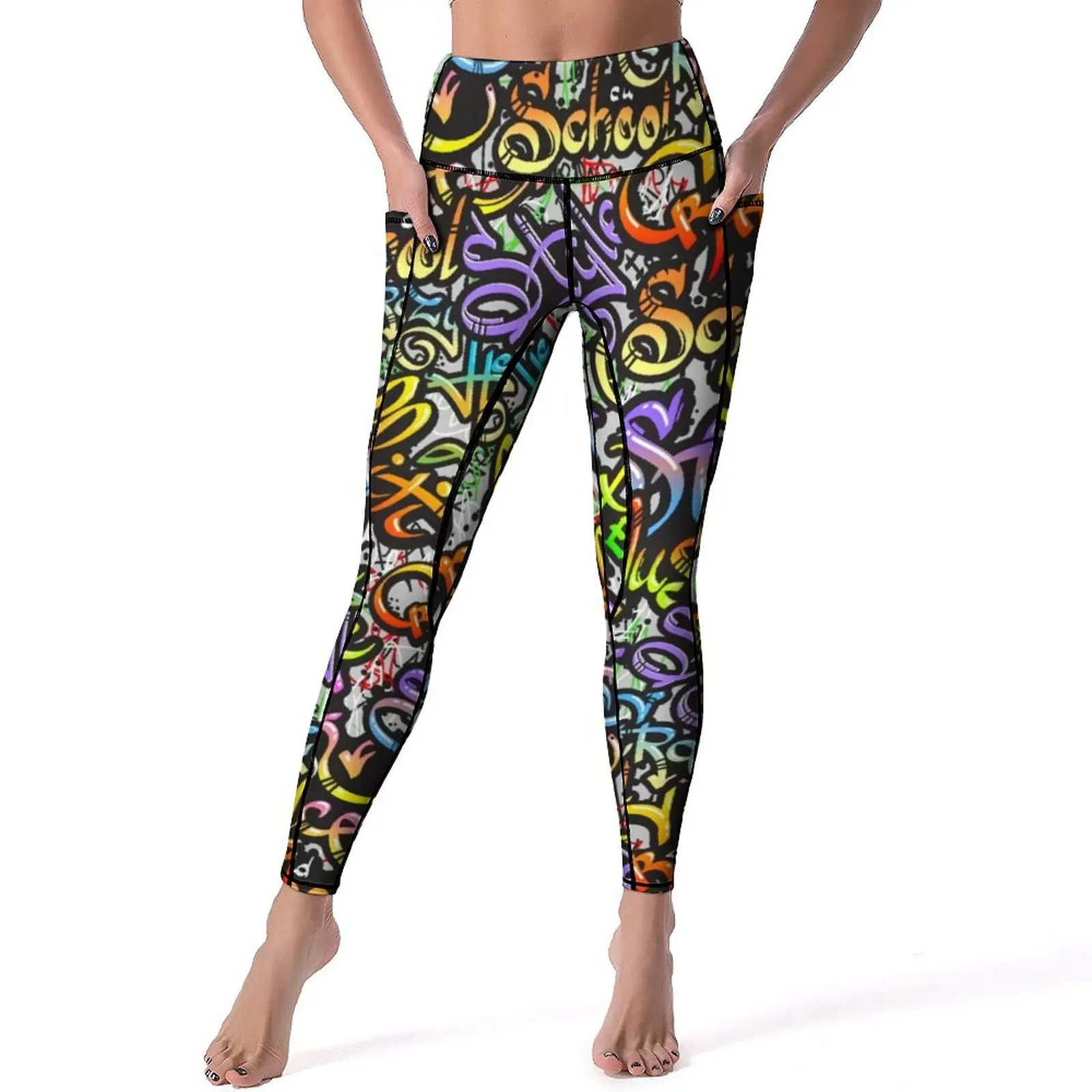 

Word Graffiti Street Art Leggings With Pockets Letter Print Pattern Yoga Pants High Waist Fitness Yoga Legging Sweet Elastic