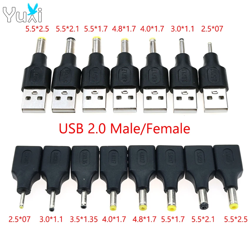 YuXi 1pc DC Connector USB 2.0 Male Female To 2.5*0.7 3.0*1.1 4.0*1.7 4.8*1.7 5.5*2.1 5.5*2.5mm Jack Male Plug DC Power Adapter