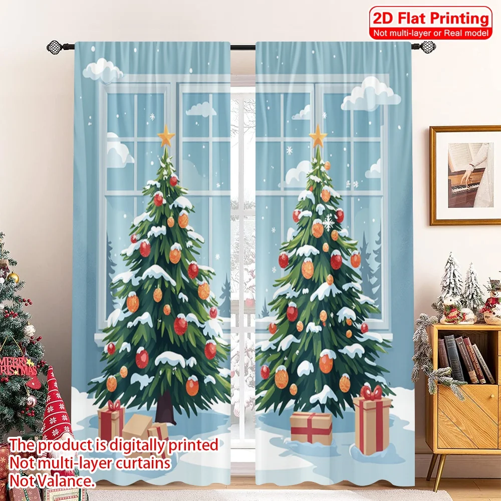 

2pcs 2D flat printing Merry Christmas Window Curtains Cozy Christmas Tree Gifts Snow Polyester Without Electricity 0 Perfect for