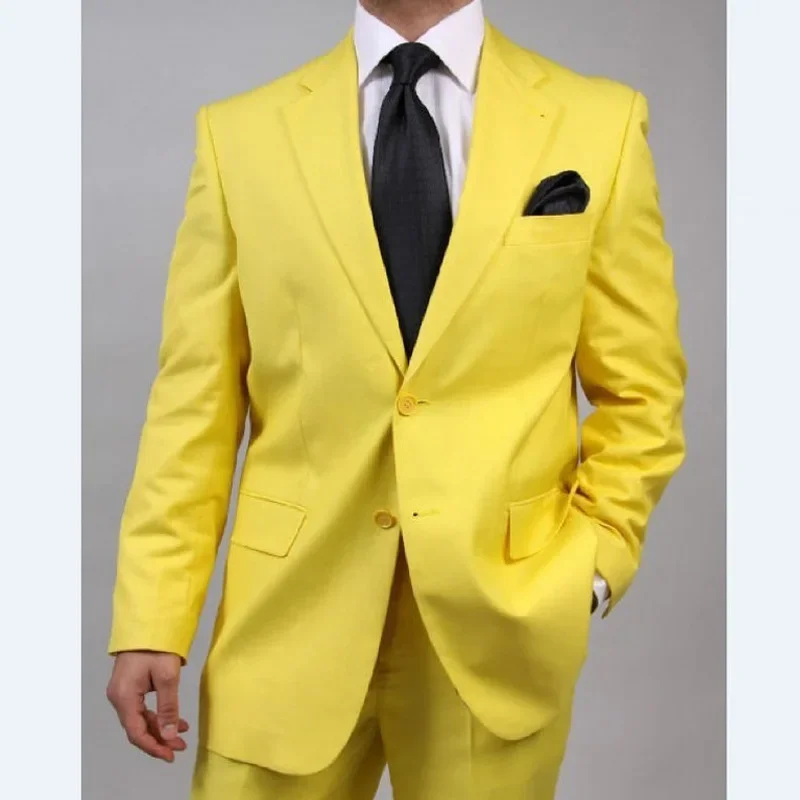 Yellow Prom Men Suits For Stage 2 Piece Custom Wedding Tuxedo With Notched Lapel Groomsmen Male Fashion Blazer With Pants