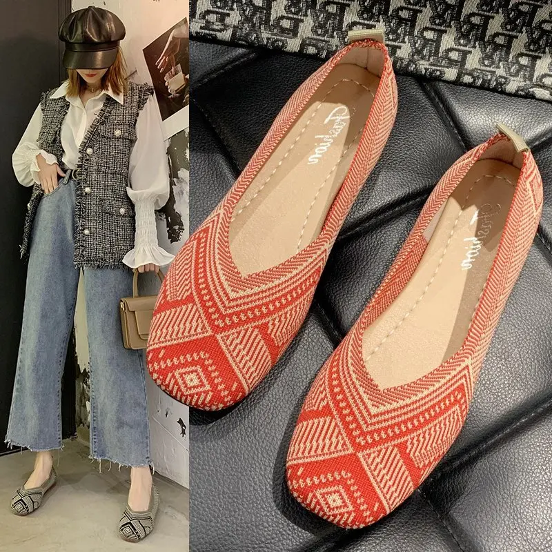 2024 Plus Size Spring New Ballet Flats Women Square Toe Knit Fabric Loafers Breathable Flat Heel Drive Shoes Driving Sneaker