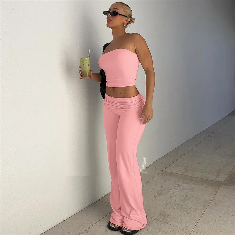

Doyerl 2 Pieces Set for Woman Sports Casual Tube Strapless Crop Top and Ruched Flare Pants Matching Sets Fitness Workout Outfits