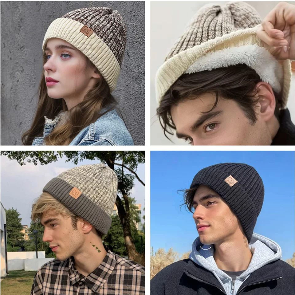 New Unisex Two-Tone Winter Hats Add Fur Lined Men And Women Fashion Warm Beanie Cap Casual Winter Knitted Hats, image 6