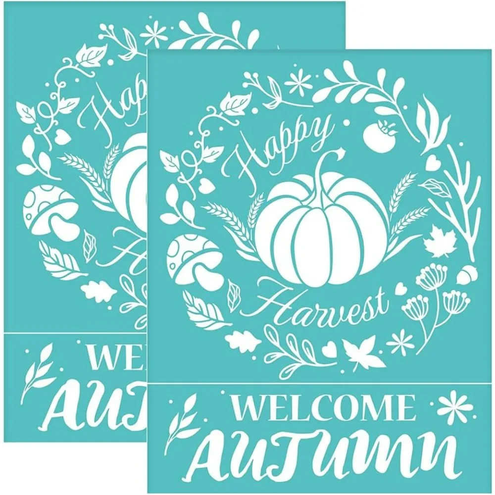 2Pcs Autumn Themed Self-Adhesive Silk Screen Pumpkin Reusable Sign Stencils Happy Harvest Mesh Stencils for Painting on Home