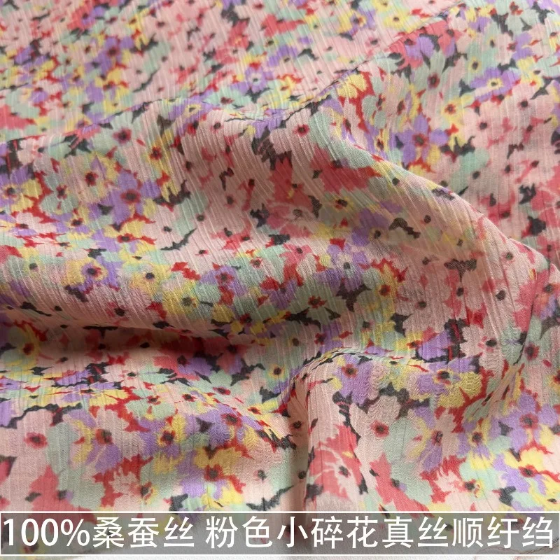 100% Mulberry Silk Pink Small Floral Smooth Crepe Fabric Slightly Transparent  Elegant  Scarf Dress Fabrics By Meter