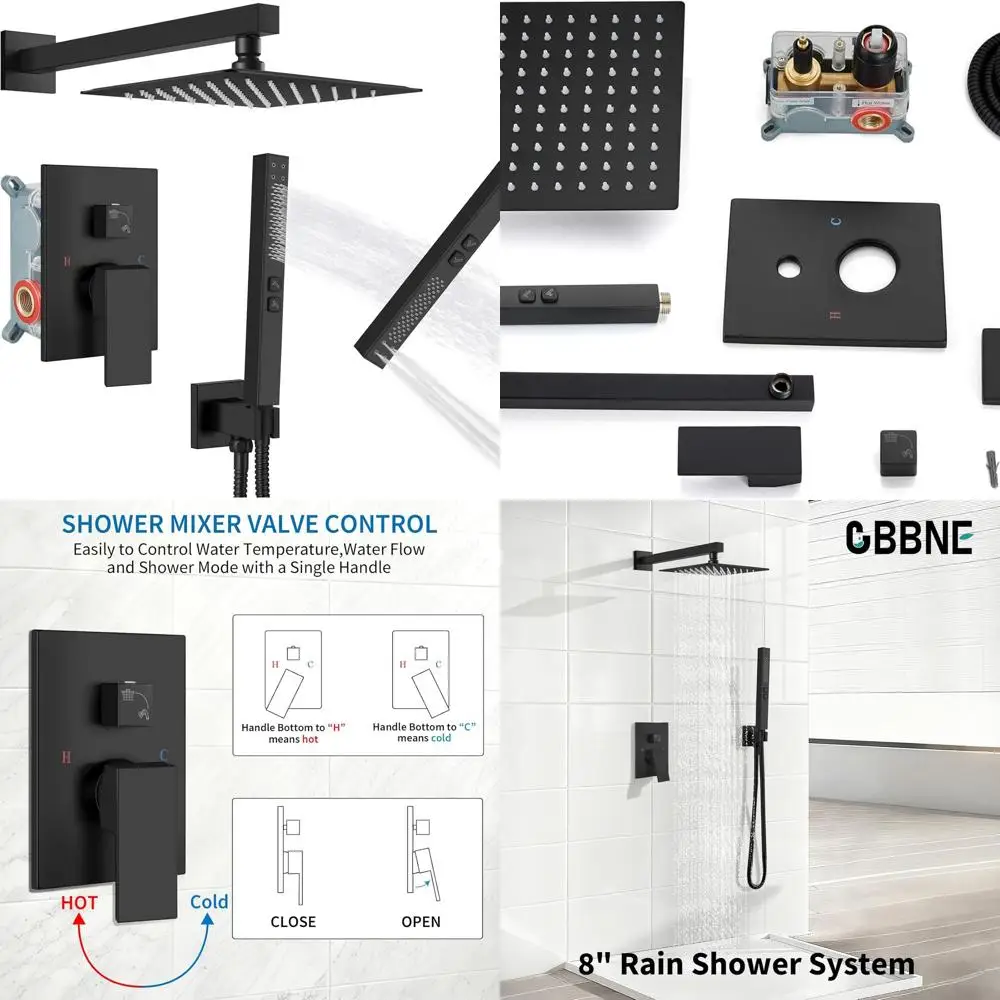

8 Matte Black Rainfall Shower System with Square Head and 2-in-1 Handheld Sprayer, Wall-Mounted Fixture and Repair Kit Included