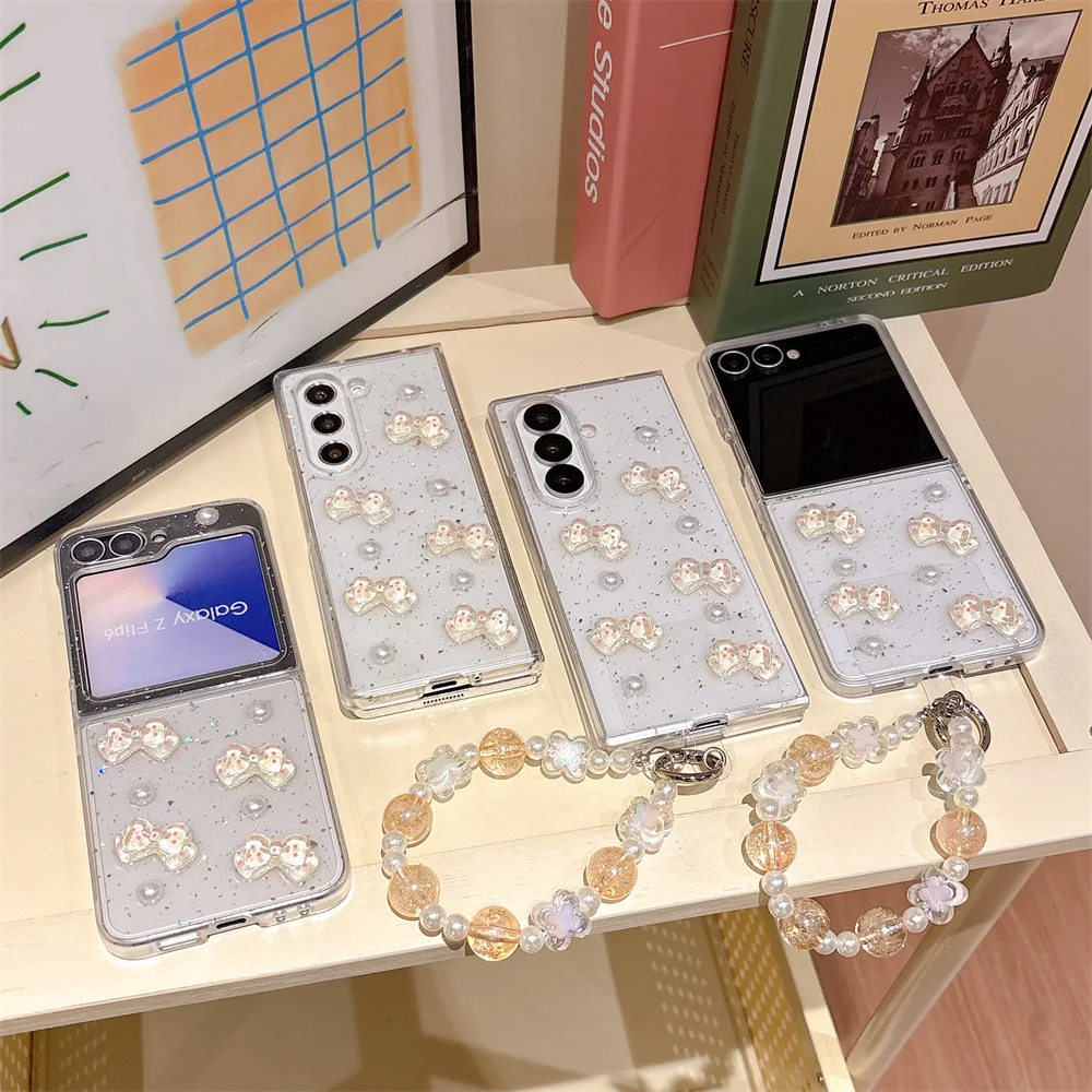 Fresh Lovely Polka Dot Bow Pearl Glitter Phone Case for Samsung Galaxy Z Fold 7 Crystal Bead Wrist Strap Cover for Z Flip 7-3