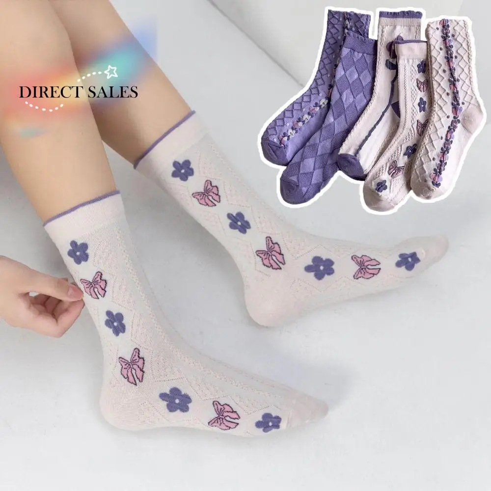 

5 пар Ins фиолетовая серия носков-трубочек с цветочным принтом и бантом Harajuku носки до середины икры для девочек дышащие милые носки с цветочным принтом женские женские