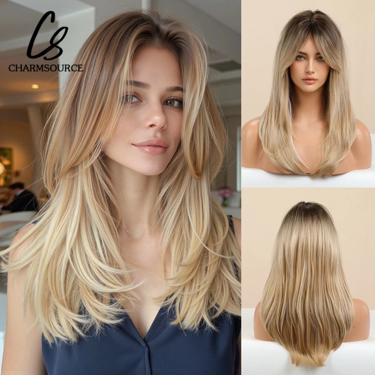 

CharmSource Blonde Golden Brown Ombre Synthetic Wig Layered Long Straight with Curtain Bangs for Women Heat Resistant Hair Daily
