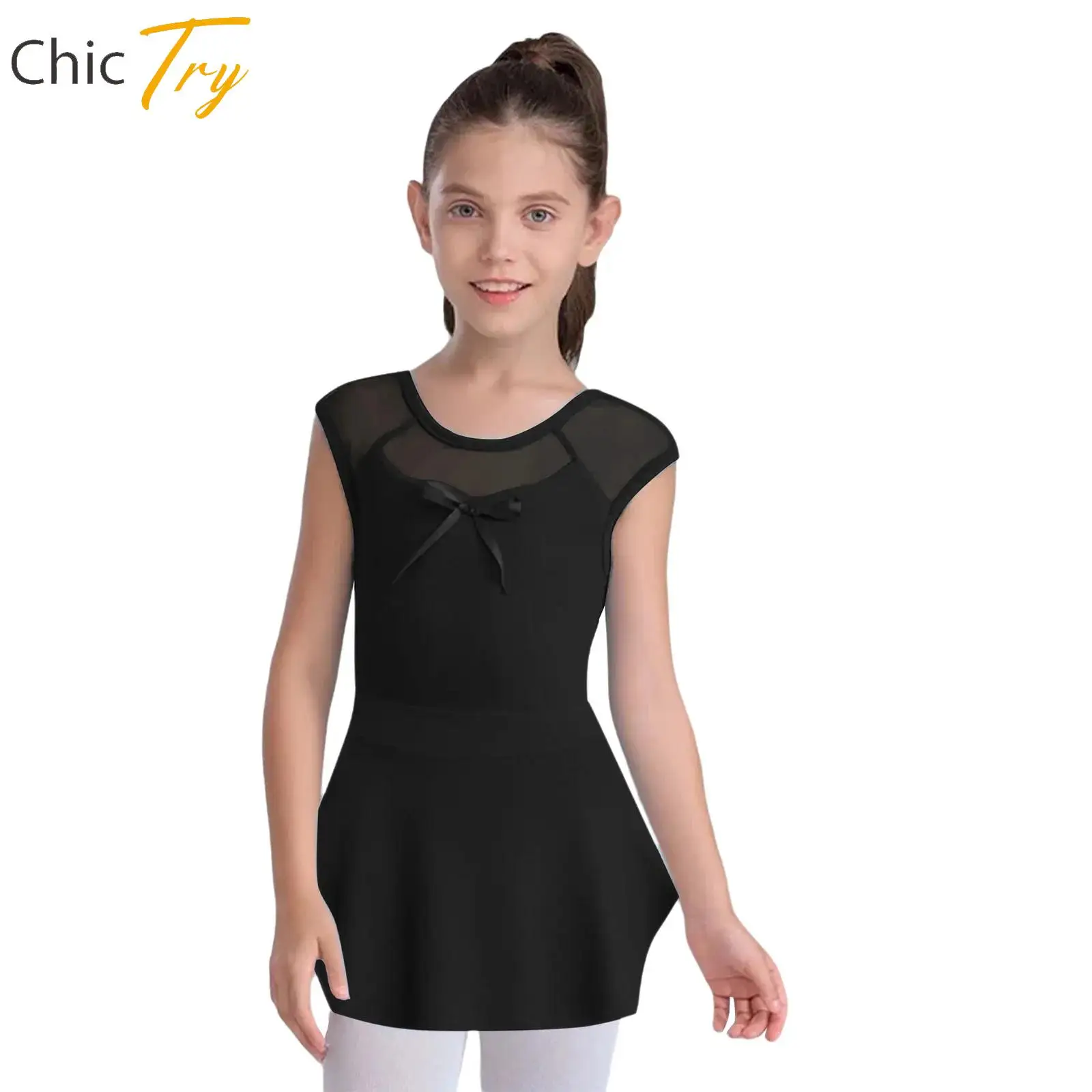 

Girls Gymnastics Leotard Ballet Dance Figure Skating Outfit Two Piece Dancewear Set Sleeveless Sheer Mesh Bow Leotard+Skirts Set