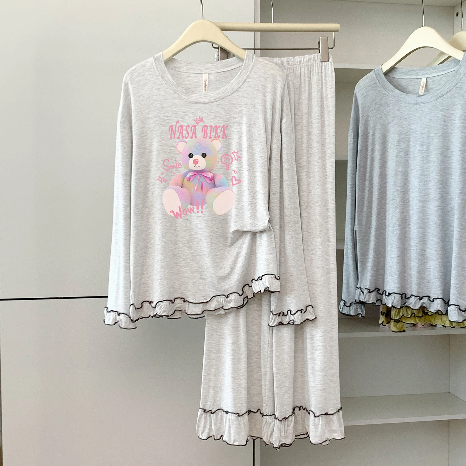 

5174-301 Modal Cotton Round Neck Long-Sleeved Long Pants Pajamas for Women Spring and Autumn Thin Loose Soft Comfortable Homewear