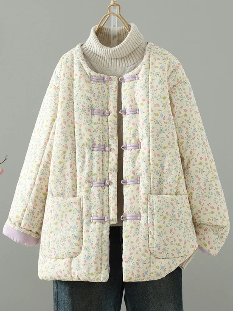 Thickened Cotton Floral Print Winter Jacket Women's Outerwear Home Clothes Buttonless Collar Warm Long Sleeve Casual Coat