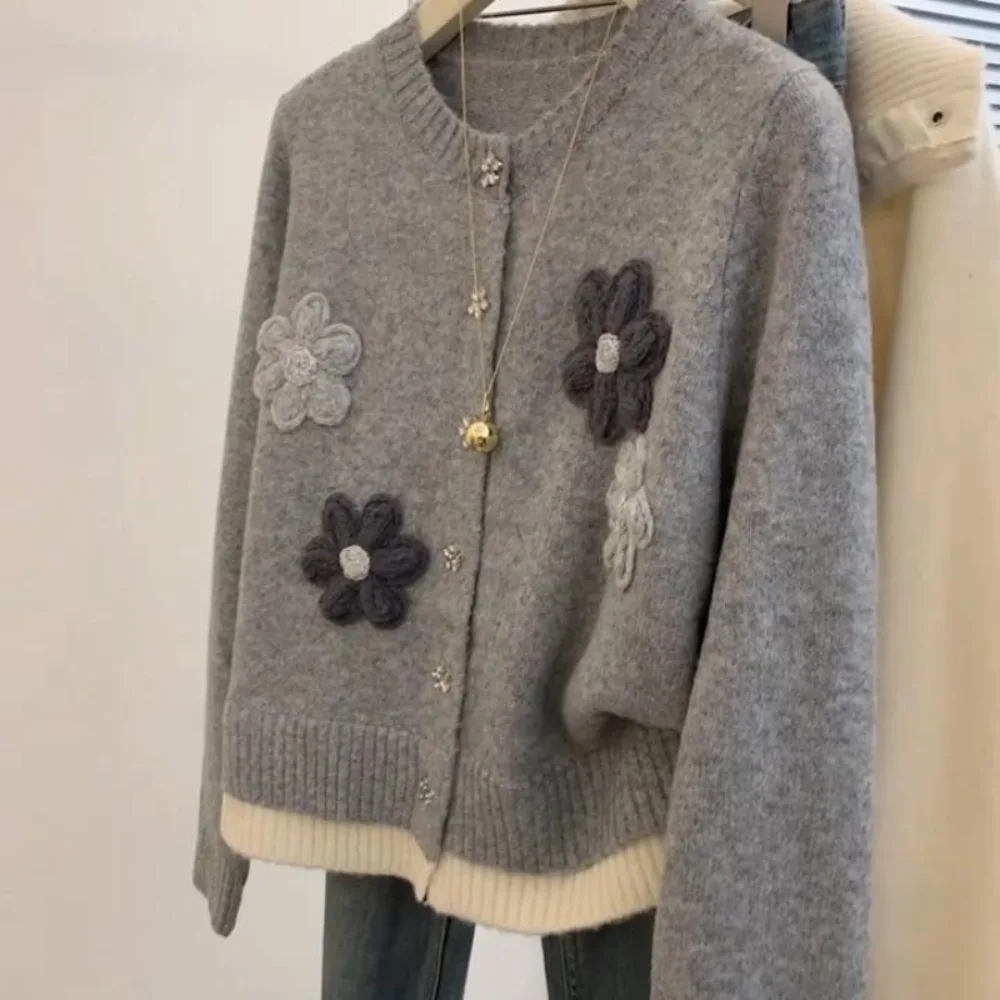 O Neck Lazy Panelled Knit Cardigan All-match Exquisite Literary Sweaters Neploe Loose Warm Jacquard Elegant Handmade Pull Femme