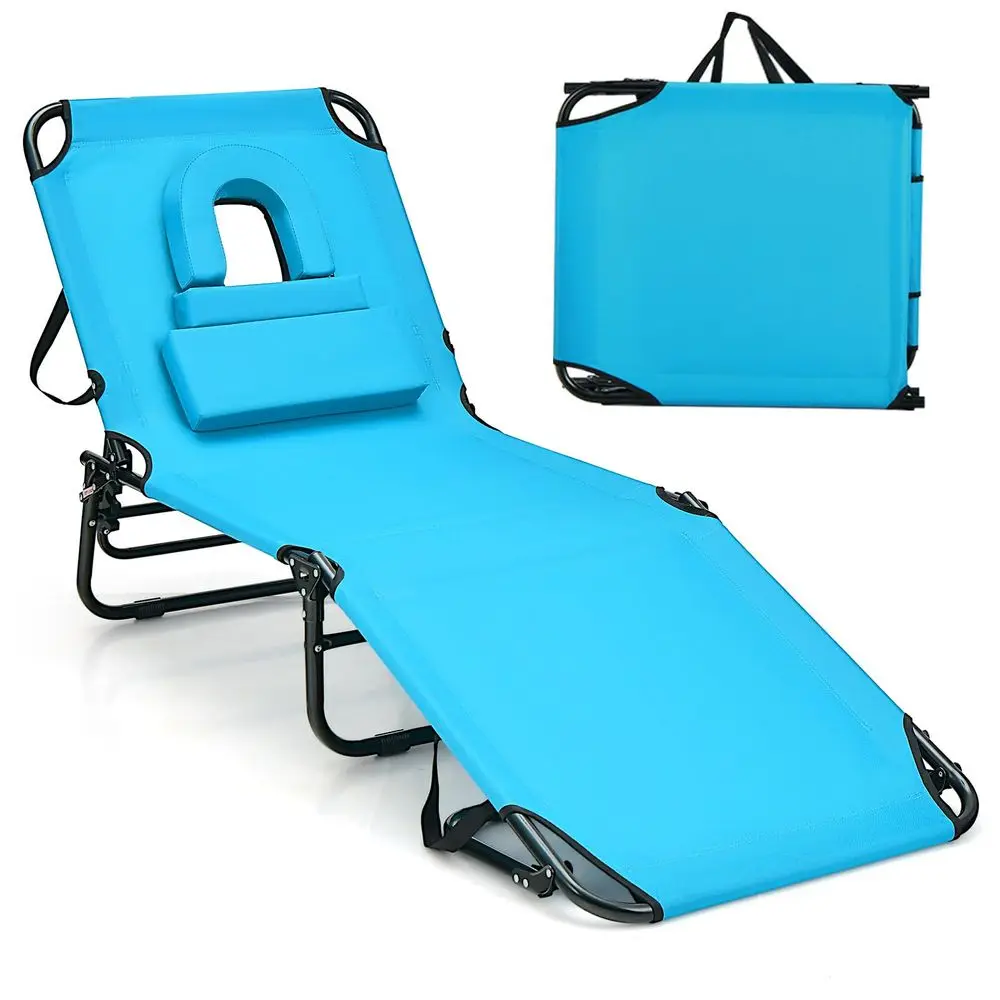 

Tanning Chair, Folding Beach Lounge Chair with Face Hole, Removable Pillow, Carry Strap, Position Adjustable, Sunbathing Chair,