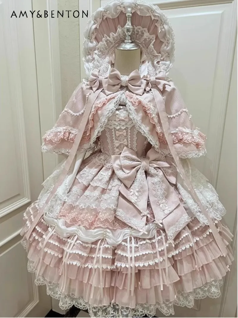 

Japanese Women's Pink Big Bow High Waist Slim A-Line Lolita Birthday Party Coming-of-Age Ceremony JSK blue Dress
