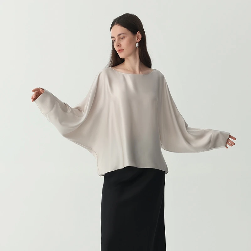 Birdtree, 100% Real Silk Solid Tshirt, Slash Neck Batwing Sleeve Tops, Women Plain Satin Loose Shirt, 2026 Summer New T65814JF