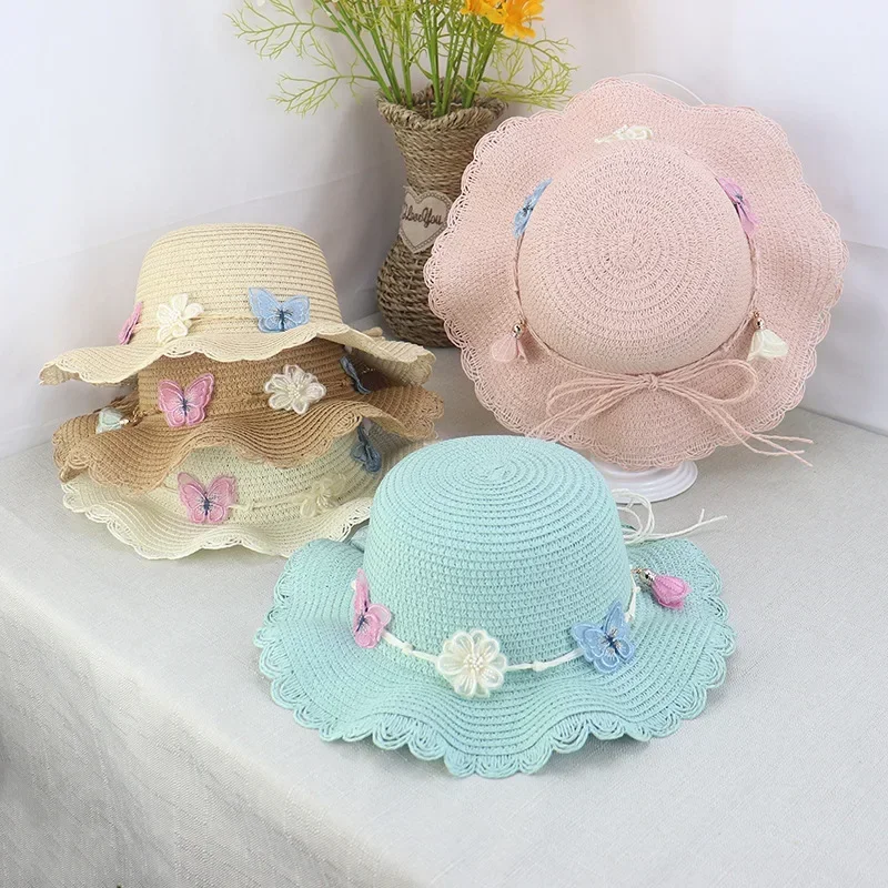 Summer Princess Suit, Children Out on The Beach Shade Breathable Straw Fisherman Hat and Girls Fashion Cute Bow Crosscut Bag