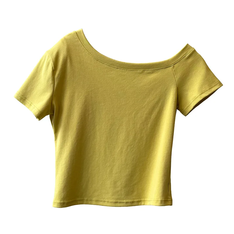 Slant shoulder short sleeved slim fit T-shirt for women in summer 2025 single shoulder padded American style spicy girl top