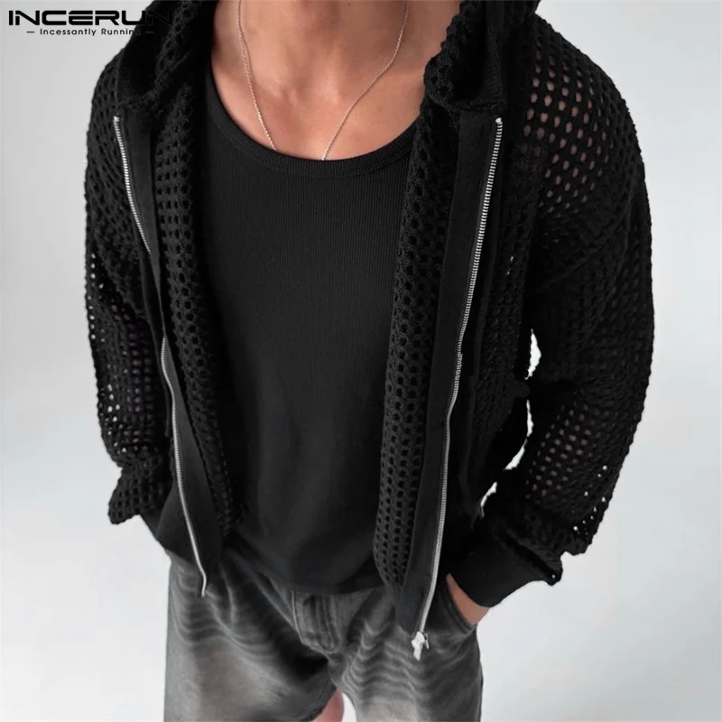 INCERUN Elegant Well Fitting Tops Casual Hollow Out Cargin Simple Korean Fashion Streetwear Male Long Sleeve  Zipper Coats 2024