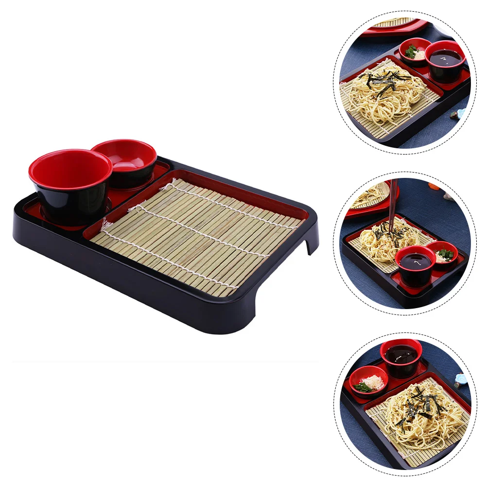 

Flatware Cold Noodle Plate Udon Dish Rectangle Food with Bamboo Mat Rectangular Tray Black Noodles Serving