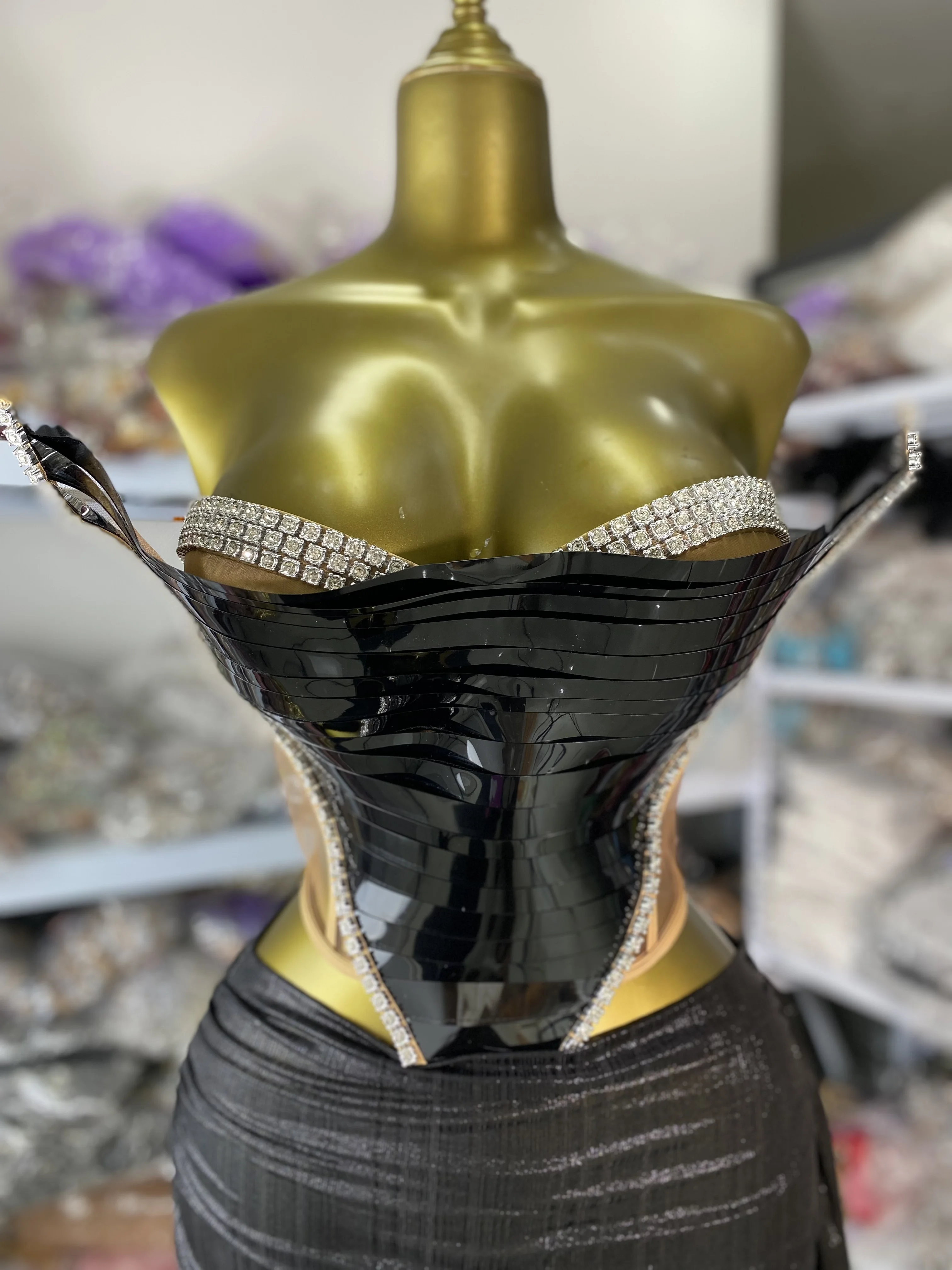 여성 코스프레 의상 블랙 3D 다이아몬드 코르셋 크롭탑 미니스커트 투피스 세트 토픽 이브닝 클럽 파티 드레스 DJ 무대 쇼