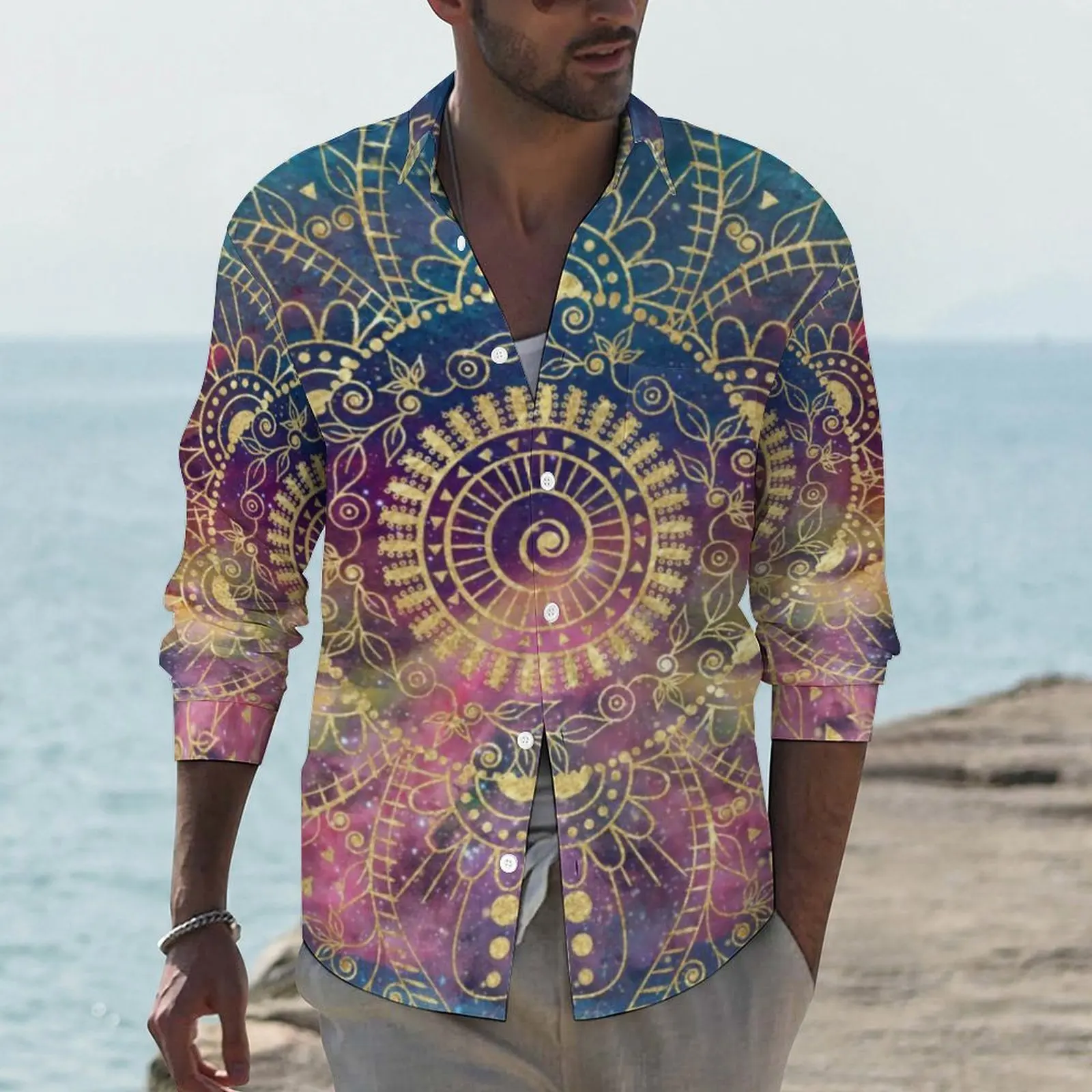 

Gold Mandala Print Street Style Casual Shirt Men Vintage Floral Shirt Autumn Trending Blouses Long Sleeve Graphic Oversized Top