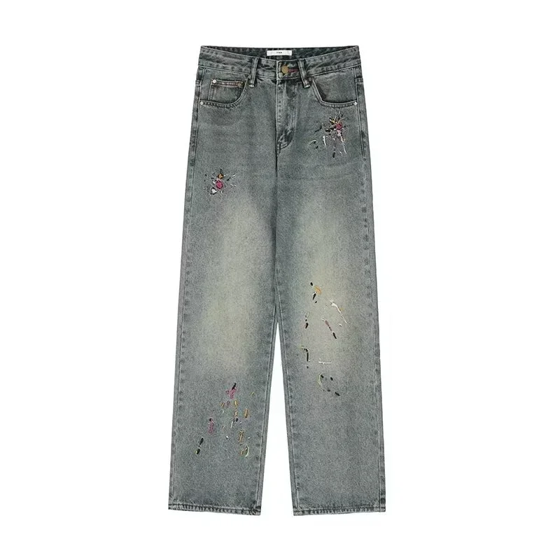 

Autumn Men's Graffiti Embroidered Baggy Jeans Retro Straight-leg Denim Trousers High Street Distressed Y2K Jean pantalones