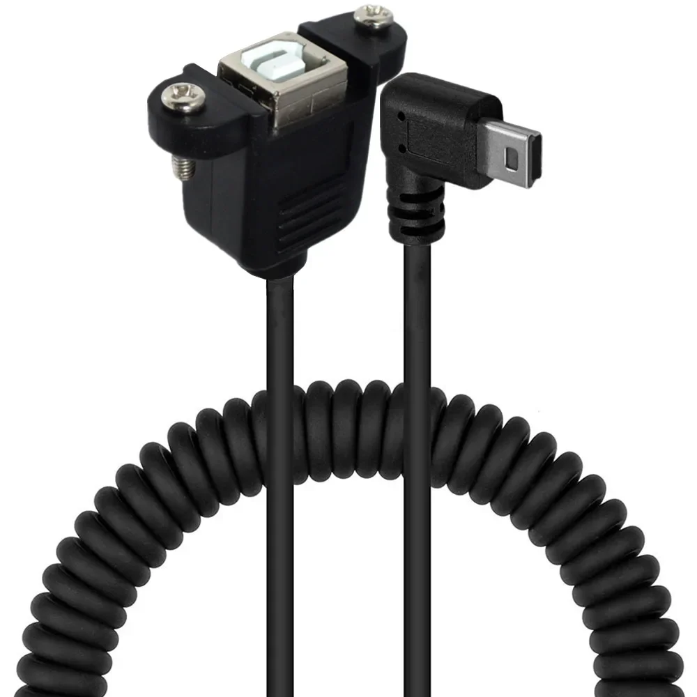 ฤดูใบไม้ผลิ Mini USB 5pin ชายข้อศอก USB 2.0 B ประเภทหญิงพร้อมแผง Mount Hole ยืดขดสาย 1.5 m
