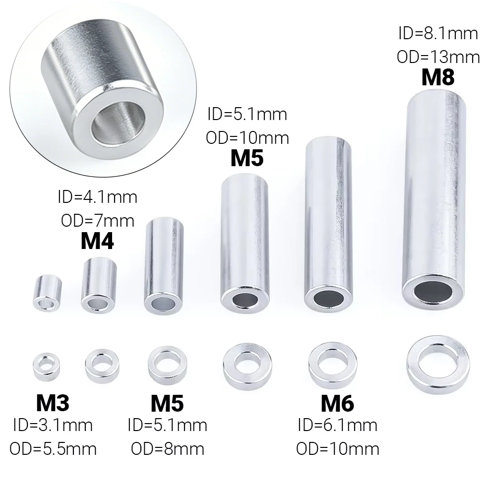 100/200Pcs Aluminum Round Spacers M3 M4 M5 M6 M8 Precise Flat Washer Bushing Gasket Spacer Sleeve Unthreaded Aluminum Standoffs