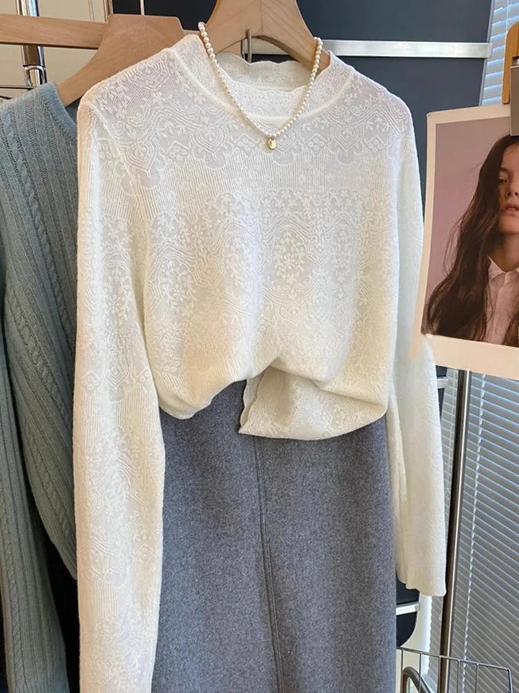 Faionable anti-aging kant borduurwerk overhead wollen basis irt winter comfortabele afslankende lange Sve gebreide top