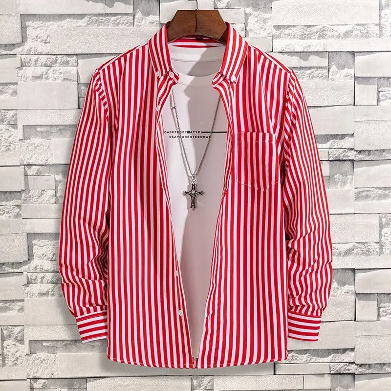 Spring Autumn New Fashion Striped POLO Collar Button Shirts Men\'s Clothing Long Sleeve Cardigan Korean Loose Trend Chic Blouses