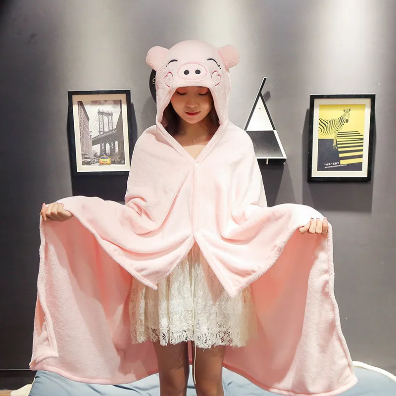 Cartoon Cute Cape Blanket Flannel Lazy Shawl Cape Student Hooded Home Office Nap Blanket Winter Bed Blanket Coral Velvet Warm