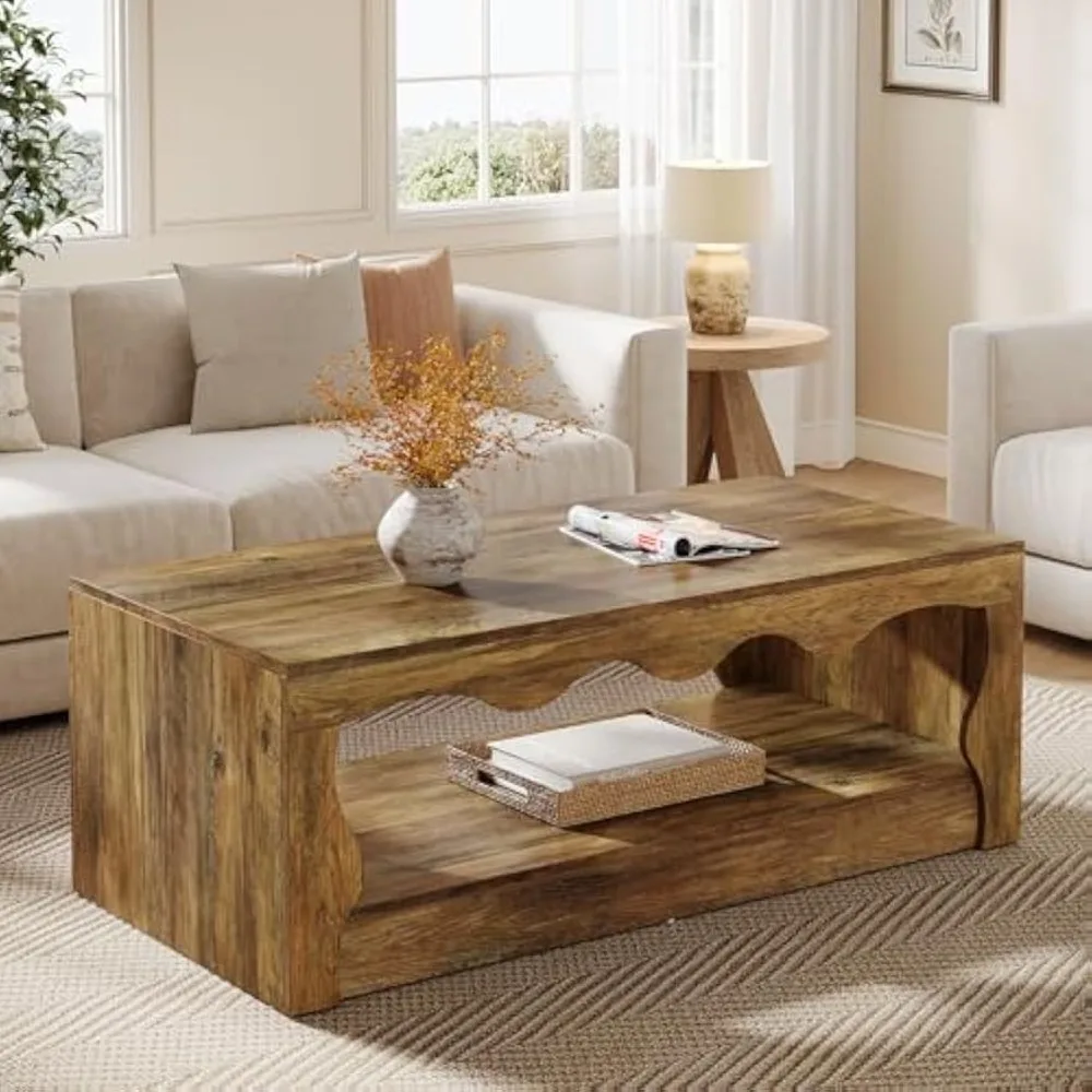 

Прямоугольный журнальный столик в стиле фермерского дома, 47,24 дюйма, 2-х уровневая деревянная центральная часть для гостиной