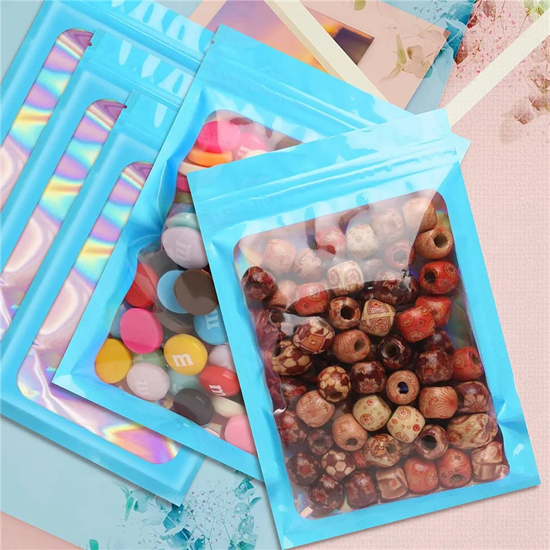 

EDT-1000Pcs Resealable Holographic Bags, Smell Proof Mylar Pouch With Clear Window For Food Storage Party Favor Business