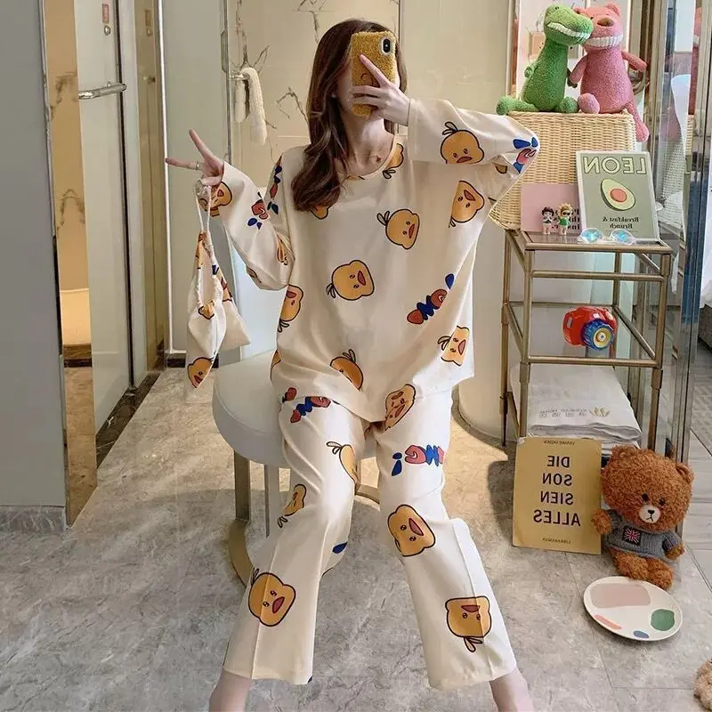 Women's Sleepwear and Home Wear Set, Spring and Autumn Long Sleeved Top, Long Pants, Cartoon Loose and Soft Casual Home Wear Set 4