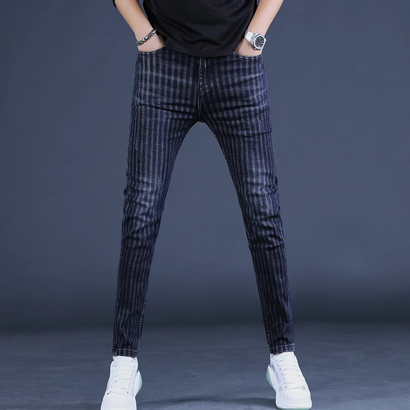 Autumn Winter Blue Black Striped Jeans Men Casual Slim Fit Straight Pants Streetwear Fashion Cotton Scratched Denim Trousers
