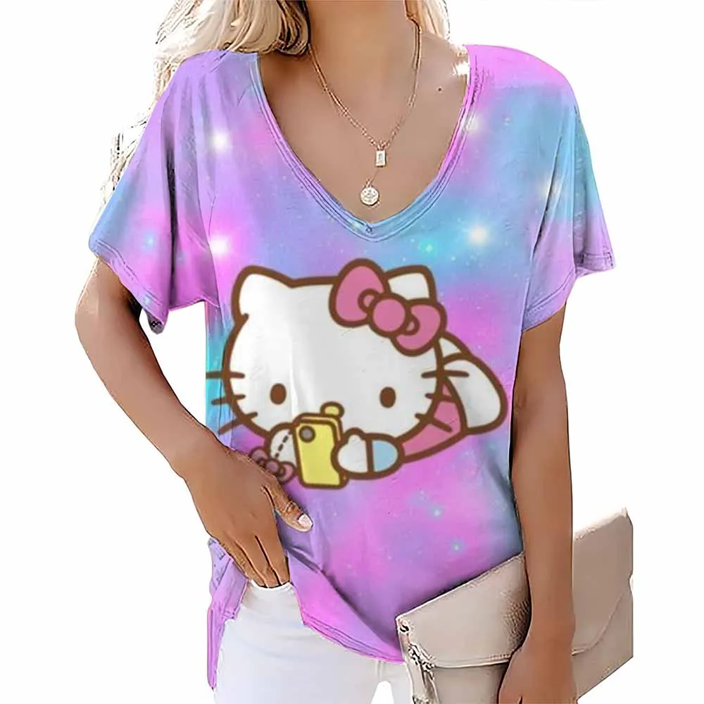 Fashion Women's T-shirt Hello Kitty V-neck Printed Women's Clothing Street Clothing Girls Fun T-shirt New Harajuku Top T-shirt