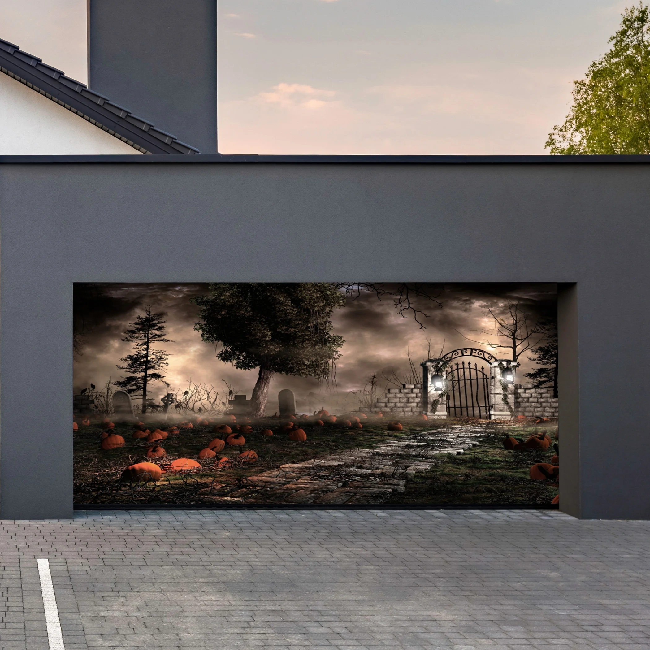 ديكور باب المرآب للهالوين - مقبرة Ghost Night وموضوع اليقطين - بوليستر، ديكور للاحتفال الخارجي #3