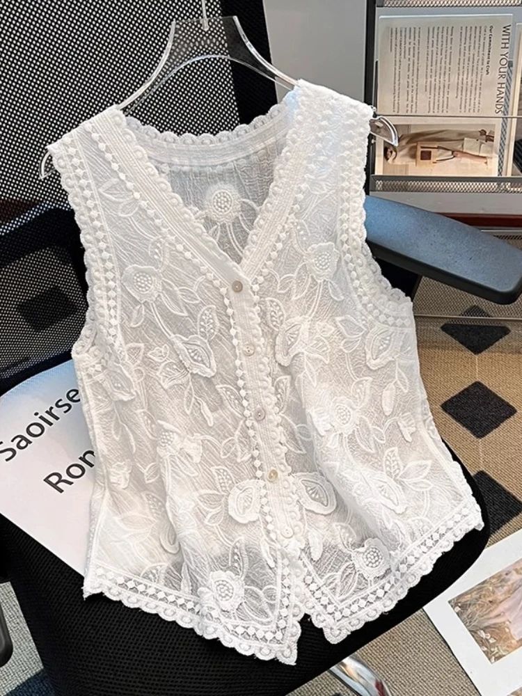 

Women's Floral Embroidery Cotton Vest Boho Sleeveless Summer Beige White Top Casual Loose V-neck Thin Sheer Tank Top Female