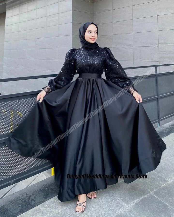 Thinyfull A-line Black Prom Dresses High Neck Long Sleeves Satin Sequined Evening Party Gowns Formal Occasion Dress