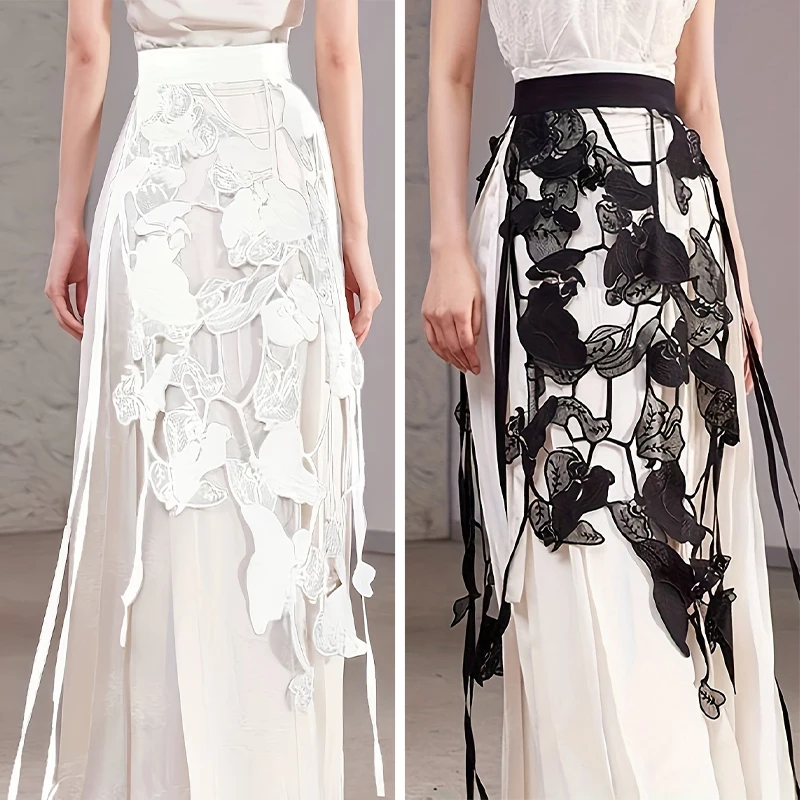 High Waist Lace Midi Skirt Irregular Side Slit Embroidered Hollow Flower Tassels Lace Drawstring Skirt Streetwear Girdle Belt