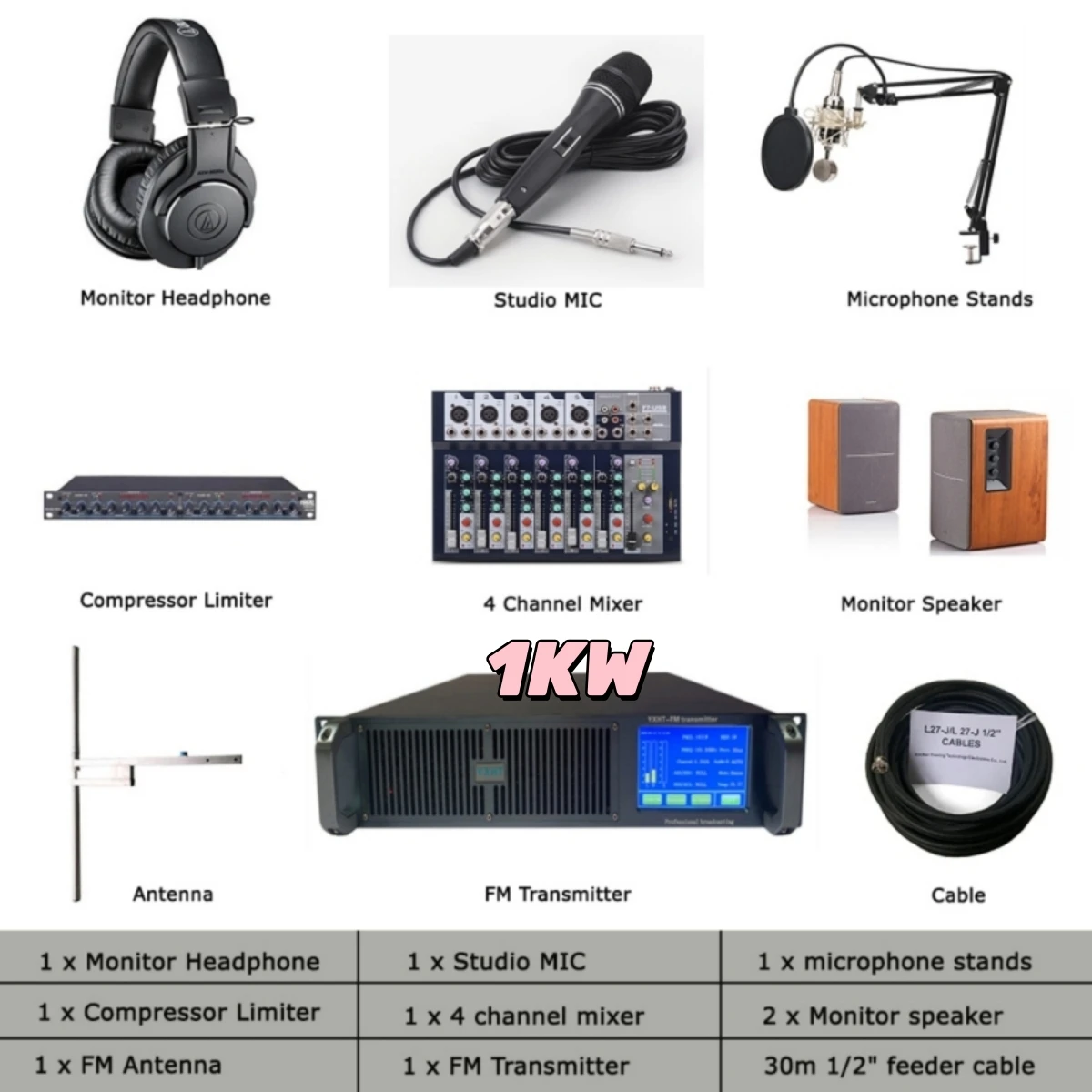 YXHT-2  1KW Touch Screen 1000W FM Transmitter 1-Bay Antenna 30 meters cables for Radio Station