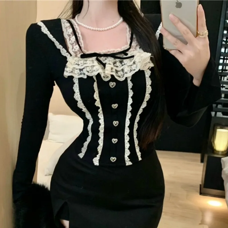 Vintage T-shirts Women Lace Patchwork Y2k Top Korean Fashion Graceful Slim High Street Temperament Streetwear French Style Ins