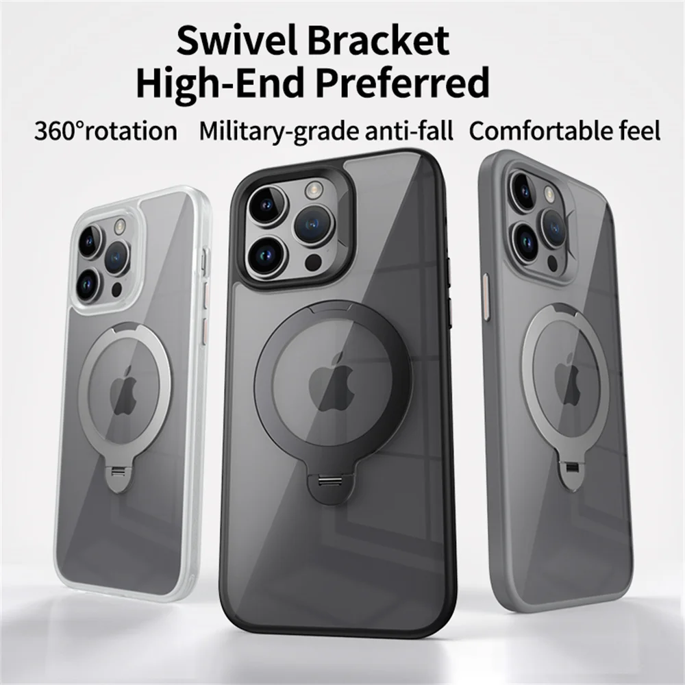 Rotating Folding Stand Clear Magnetic Phone Case For iPhone 12 13 14 15 16 Pro Max Swivel Holder TPU Bumper Acrylic Back Cover