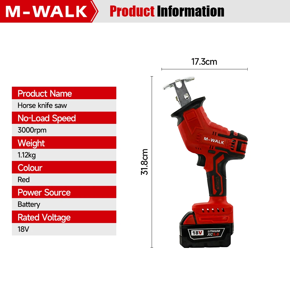 M-WALK 18V Brushless Reciprocating Saw 3000RPM Self-Locking Chuck Multi-Material Cutting Power Tools For Milwaukee Battery Pin