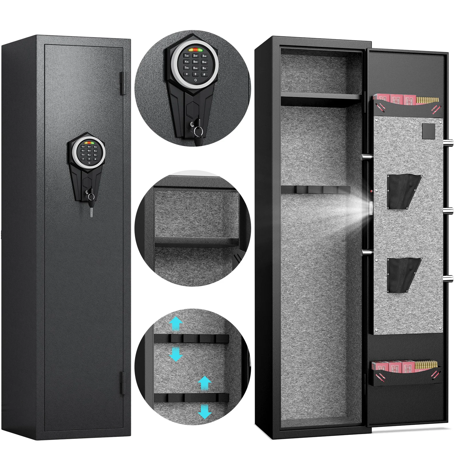 Kavey Quick Access Rifle Safe with Silent Mode, Gun Cabinet with Removable Shelf and Adjustable Gun Slots