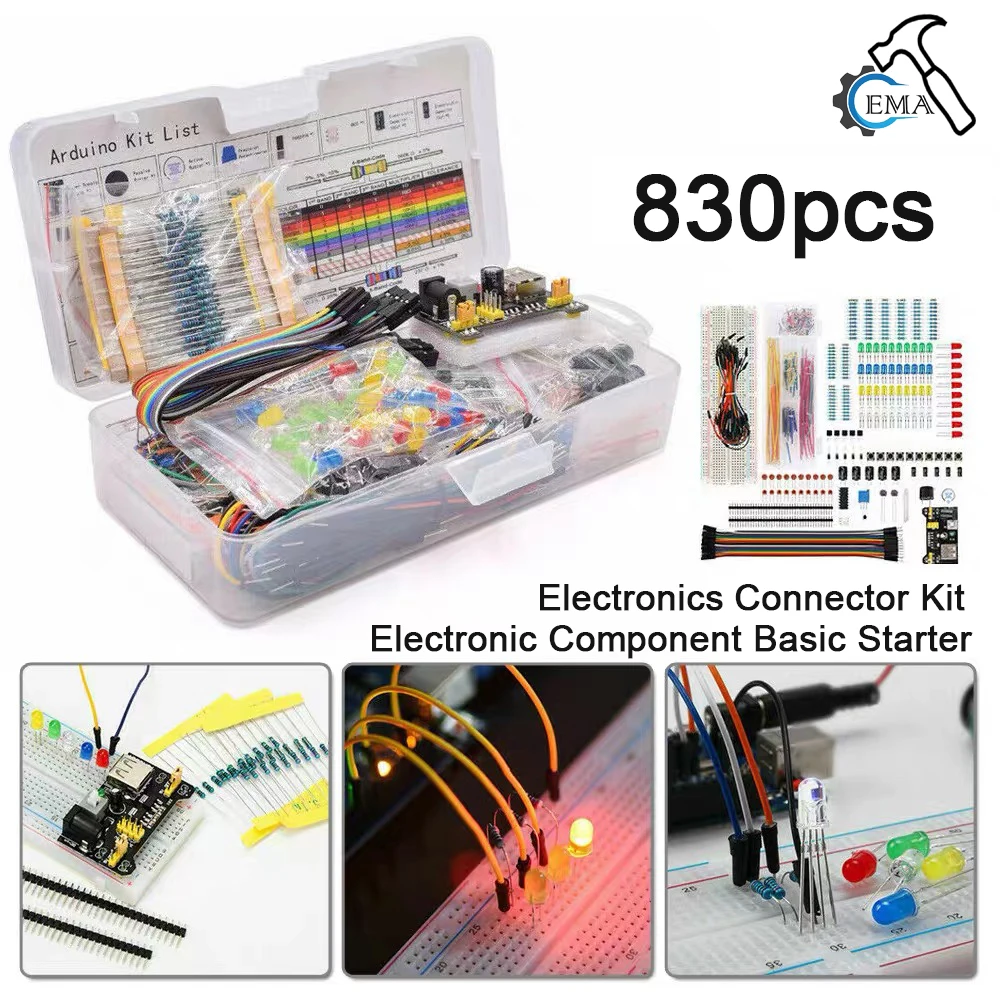Componentes Eletrônicos: Capacitor Eletrolítico, Resistor, LED, Kit de Placa de Circuito com 830 Furos MB-102 para UNO R, Pacote de Componentes, Kit de Conectores