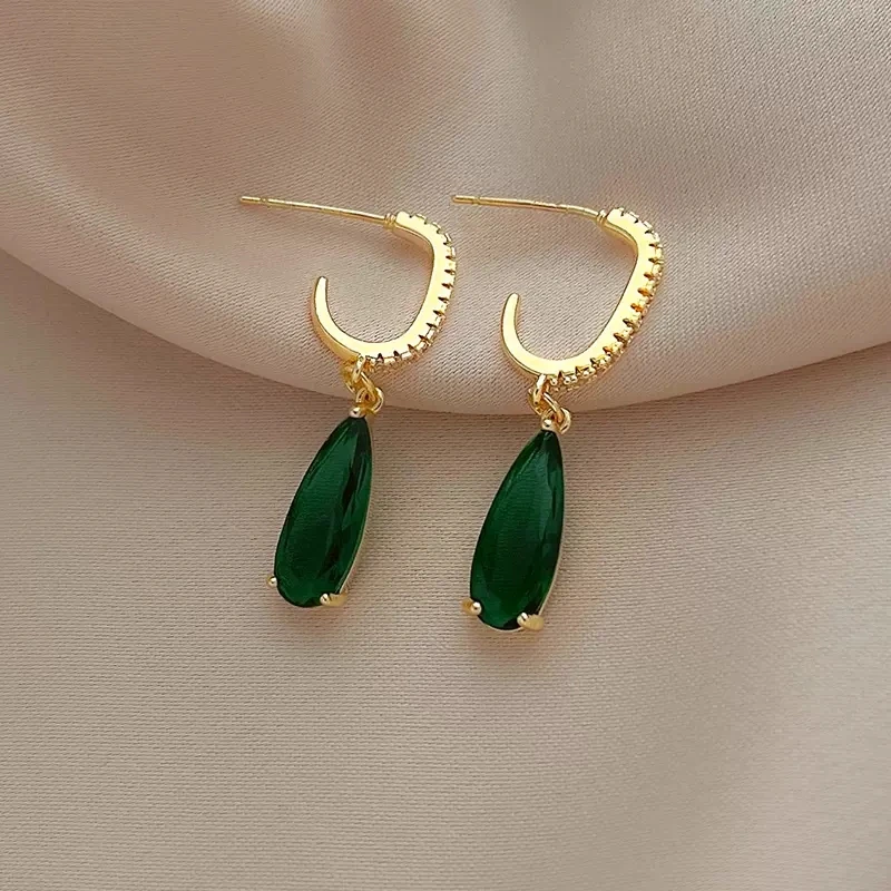 Huitan Pear Green CZ Drop Earrings for Women Temperament Gold Color Ear Hanging Earrings Office Lady\'s Luxury Trendy Jewelry