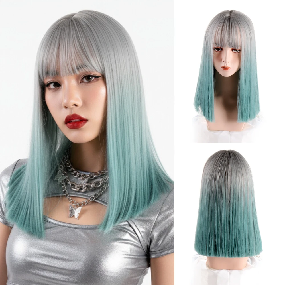 باروكة لوليتا صناعية قصيرة مستقيمة مع شعر مستعار نسائي مقاوم للحرارة باللون الأخضر للحفلات التنكرية للاستخدام اليومي #1